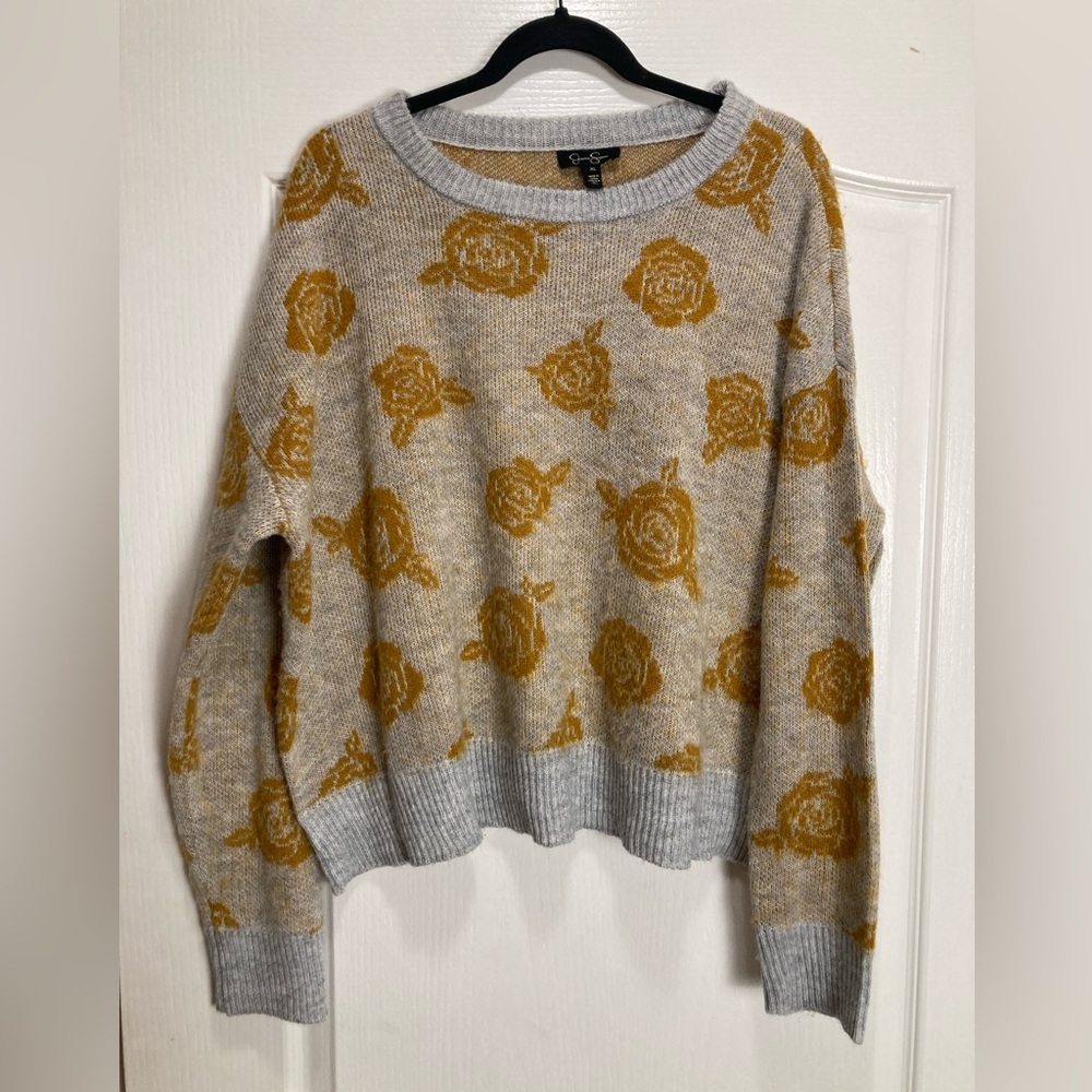 Jessica Simpson Longe Sleeve Crew Neck Rose Printed Sweater ,Size XL,Grey Multi